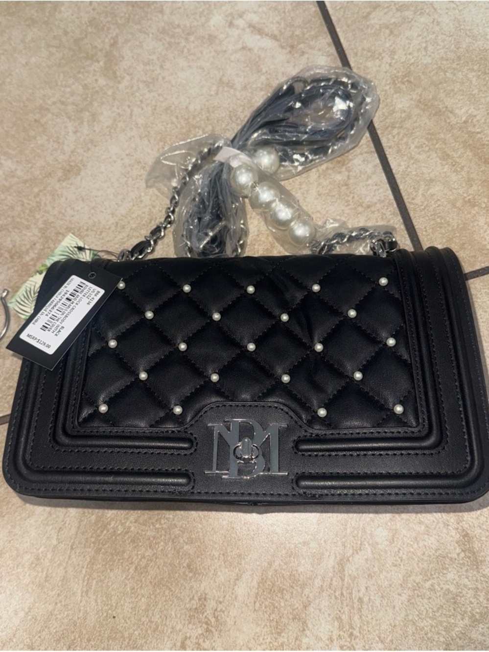 Badgley Mischka Black Quilted Crossbody with Pearl Accents